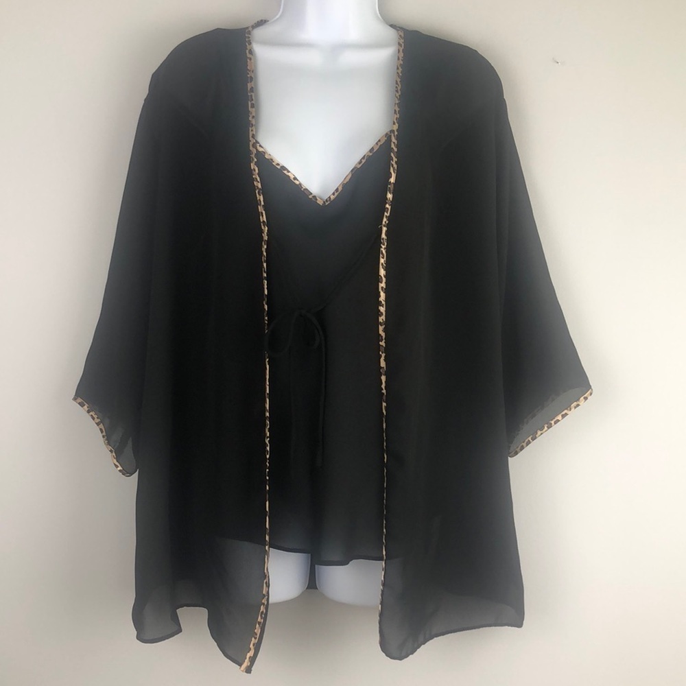 Vintage Natori Private Luxuries L Sheer Leopard Lingerie Set Camisole Tie Kimono